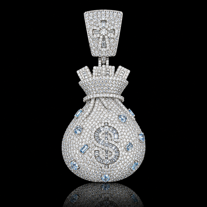 Gem Accent Money Bag Pendant - Large / Light Blue