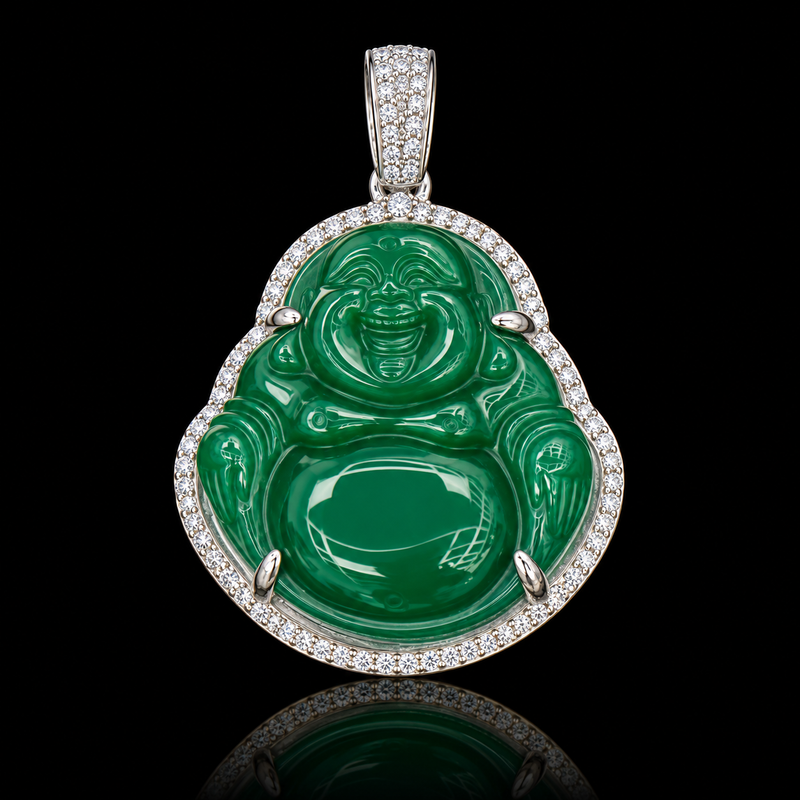 Green Jade Laughing Buddha Pendant - Large Round
