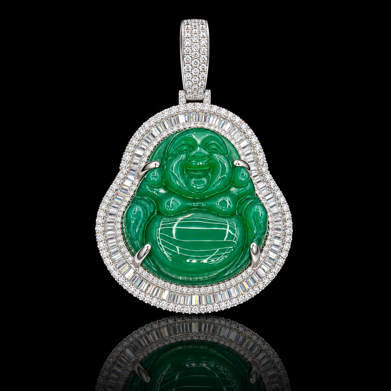 Green Jade Laughing Buddha Pendant - Medium Halo