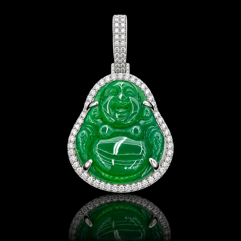 Green Jade Laughing Buddha Pendant - Small Oval