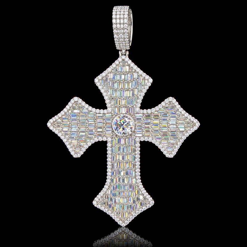 Moissanite Cross Pendant Collection - Baguette Flared