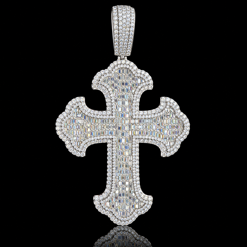 Moissanite Cross Pendant Collection - Baguette Gothic