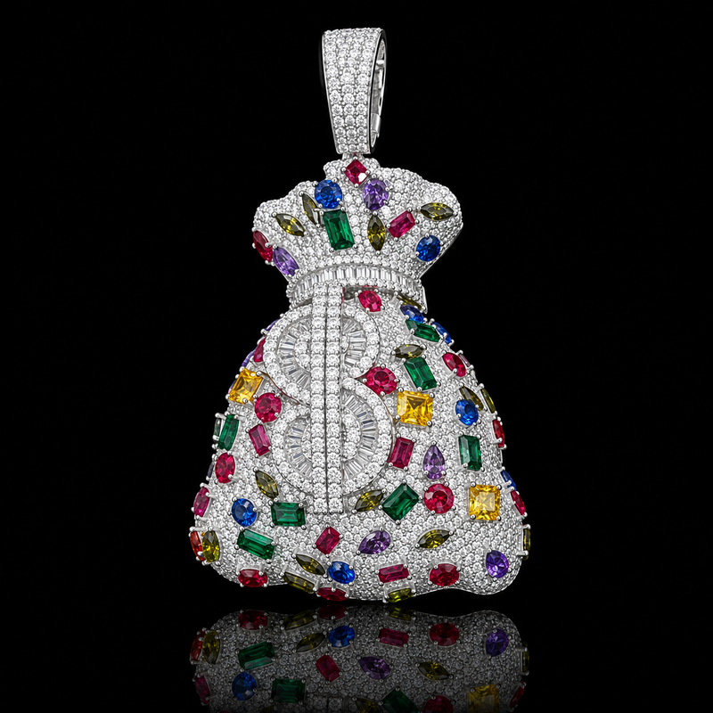 Multicolor Gem Money Bag Pendant - White Gold