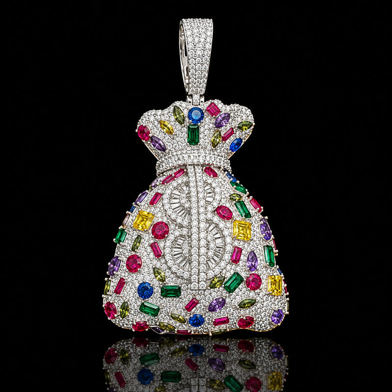 Multicolor Gem Money Bag Pendant - White Gold
