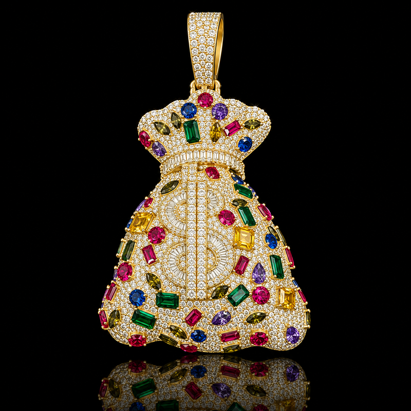 Multicolor Gem Money Bag Pendant - Yellow Gold