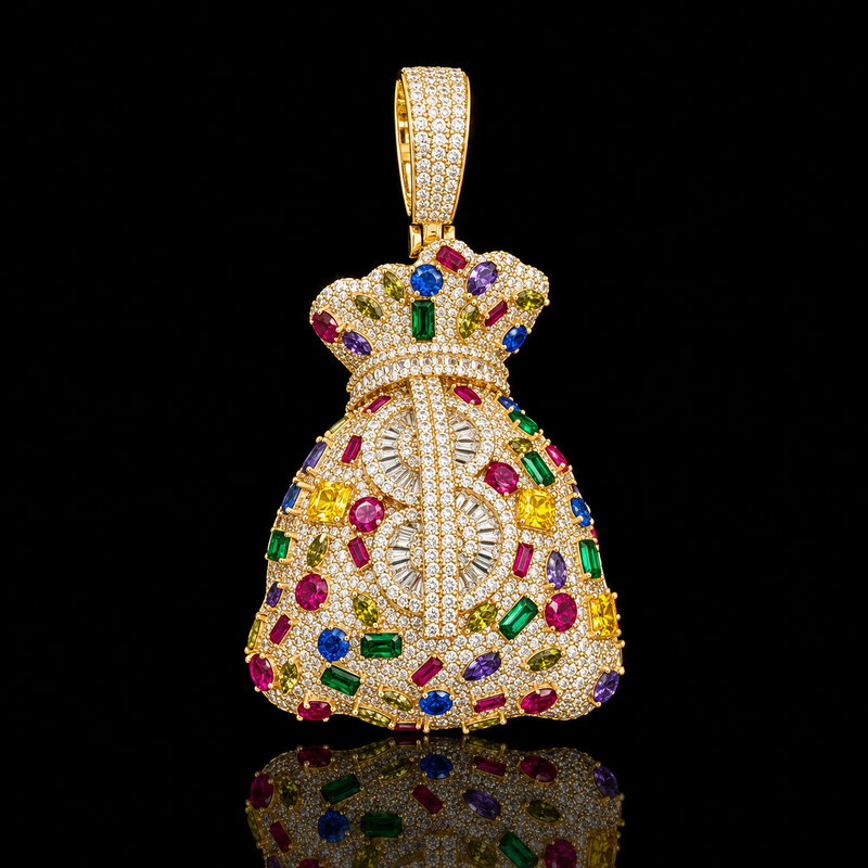 Multicolor Gem Money Bag Pendant - Yellow Gold