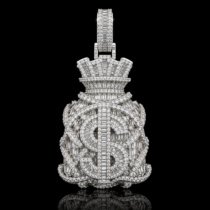 Ornate White Gold Money Bag Pendant