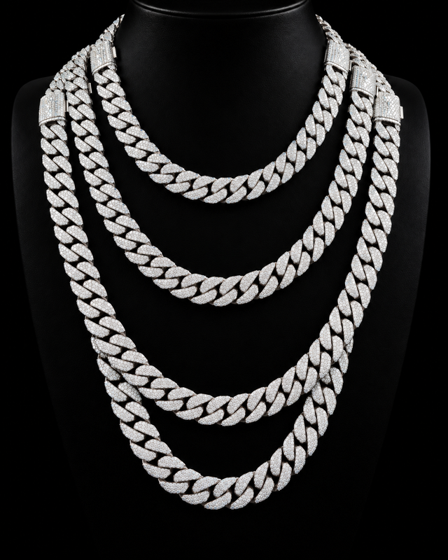 Moissanite Cuban Link Chain - 8mm to 16mm - 8mm / 24" / White Gold