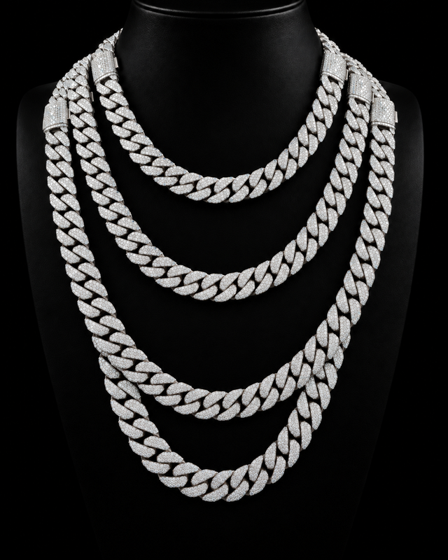 Moissanite Cuban Link Chain - 8mm to 16mm - 12mm / 24" / White Gold