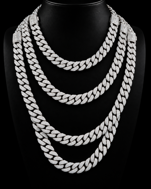 Moissanite Cuban Link Chain - 8mm to 16mm - 14mm / 24" / White Gold