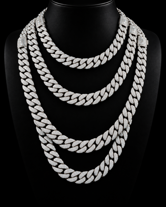 Moissanite Cuban Link Chain - 8mm to 16mm - 16mm / 26" / White Gold