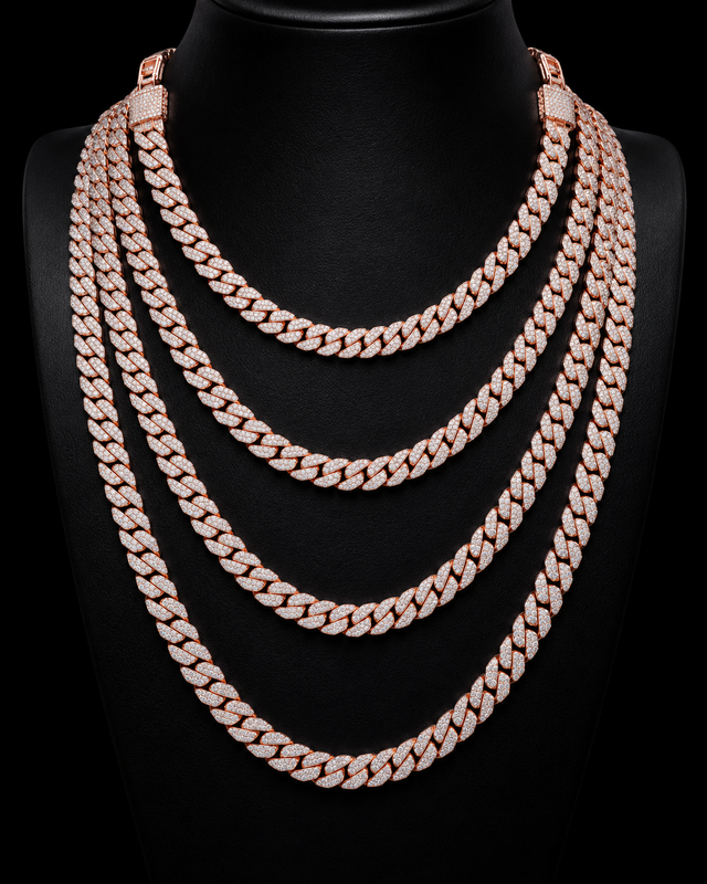 Moissanite Cuban Link Chain - 8mm to 16mm - 12mm / 24" / Rose Gold