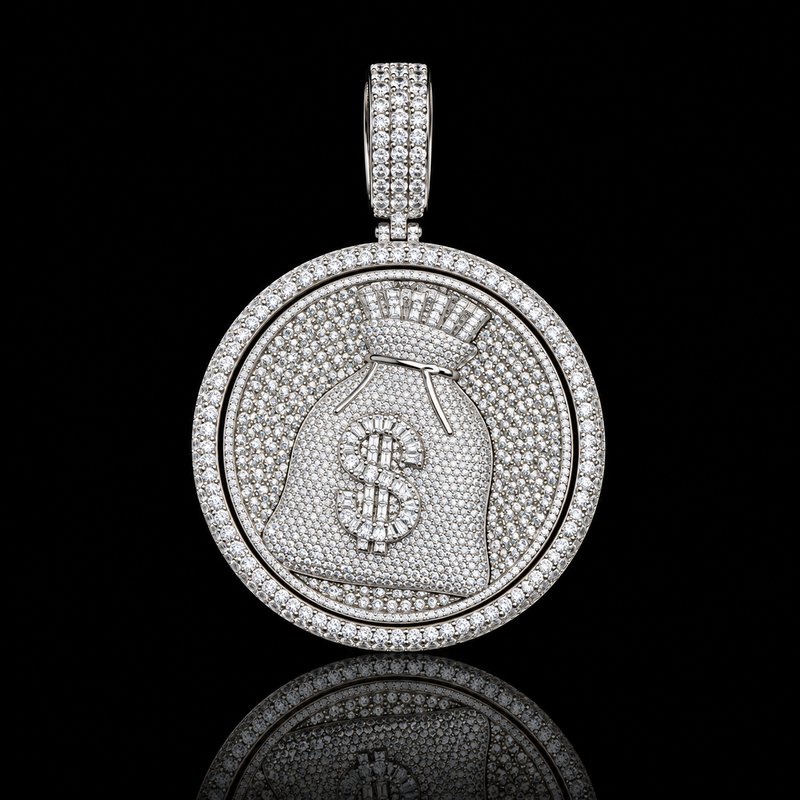 Round Money Bag Medallion Pendant - White Gold